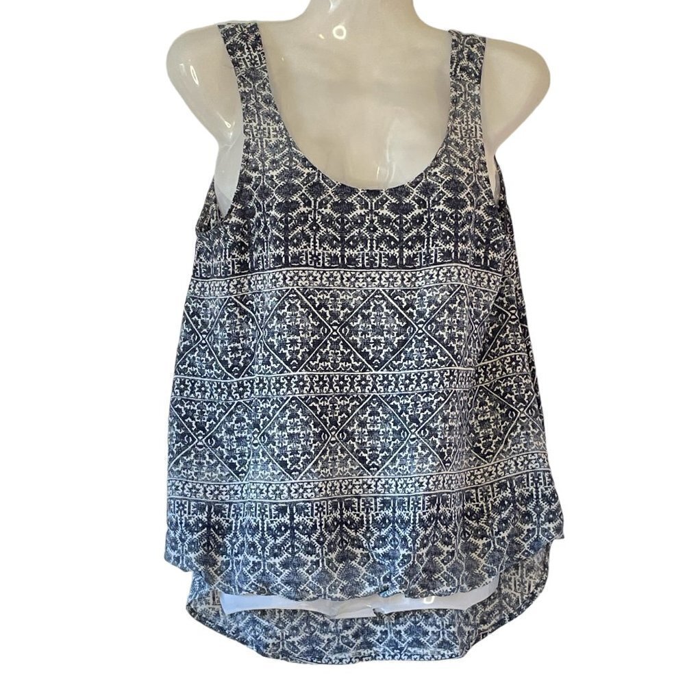 Silk Tank Cynthia Rowley Flowy Blouse Navy Dusky Blue Geometric Floral  XS